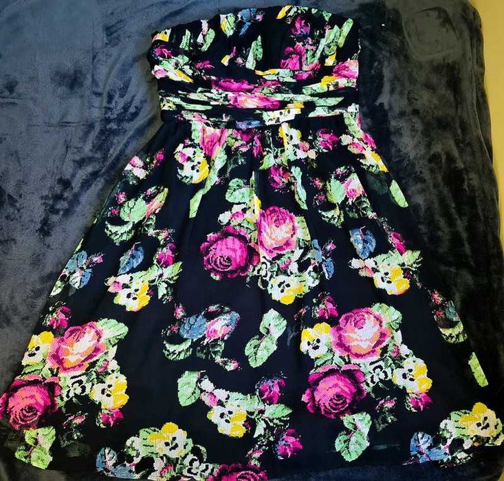 Rochie Stockh LM strapless neagră florală, mărime 36/S