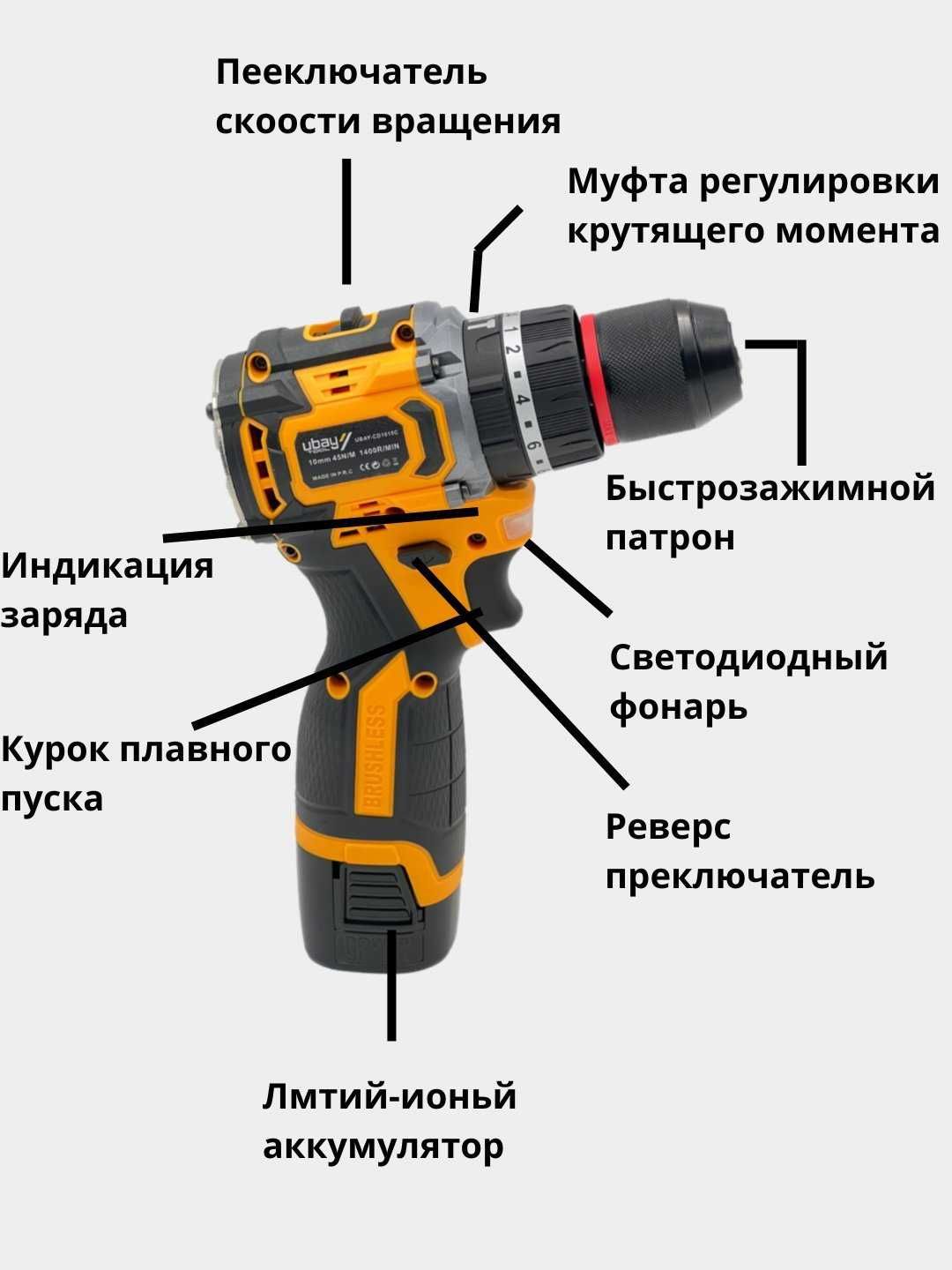 Шуруповерт Ubay UB-1015E, дрель, аккумуляторный, бесщеточный