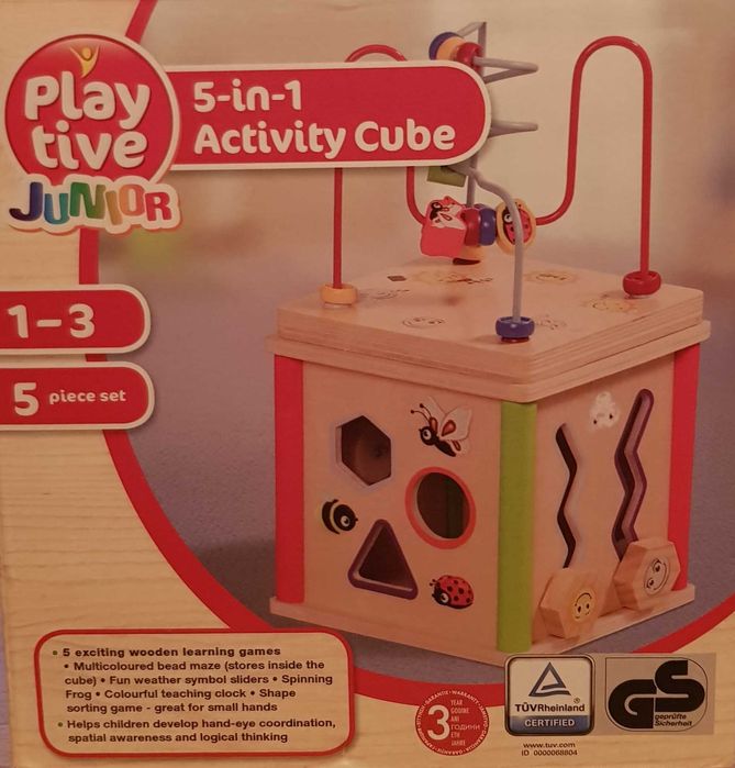 Jucărie educativă tip cub, din lemn, cu activități Montessori, 5 in 1