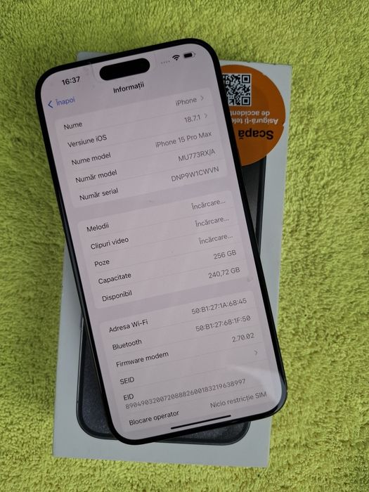 Vând/Schimb IPhone 15 Pro Max 5g 256g ca Nou Fulbox Liber