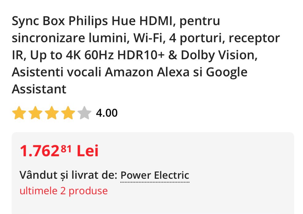Sync Box Philips Hue HDMI, pentru sincronizare lumini, Wi-Fi