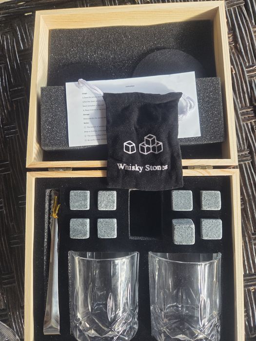 Set cadou premium whisky – pahare cristal + pietre de răcire granit, n