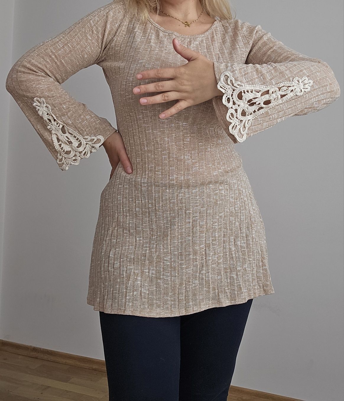 Туника блуза с дантела и дълъг ръкав памучна и разтеглива размер L XL