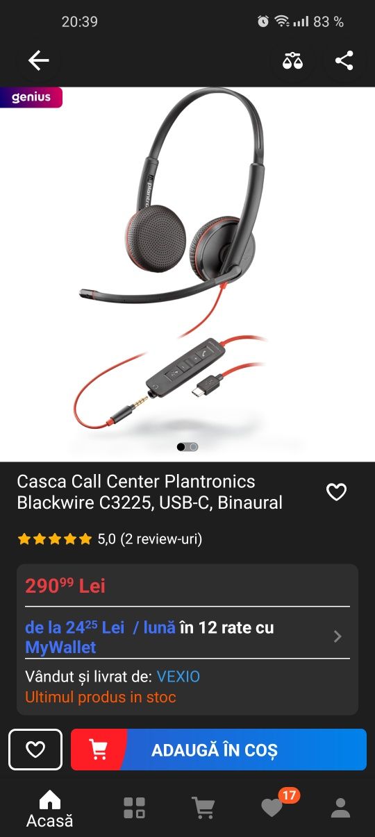 Casca Call Center Plantronics Blackwire C3225, USB-C, Binaural