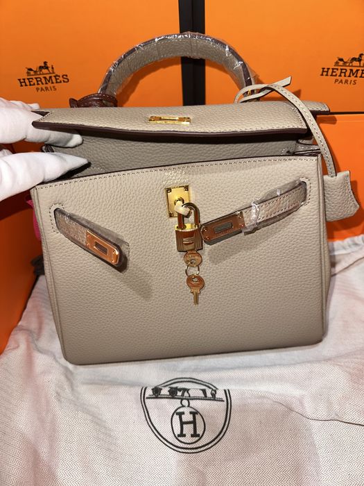 Geanta Hermes Kelly 25cm Gri/accesorii gold
