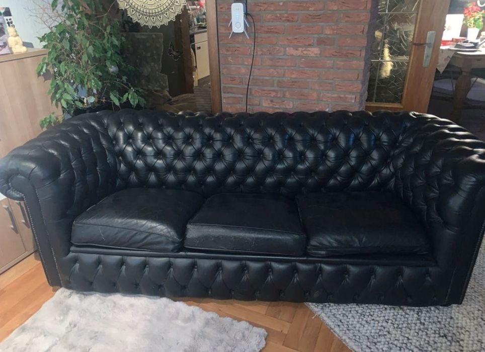 Chesterfield Честърфийлд диван черен естествена кожа гарнитура