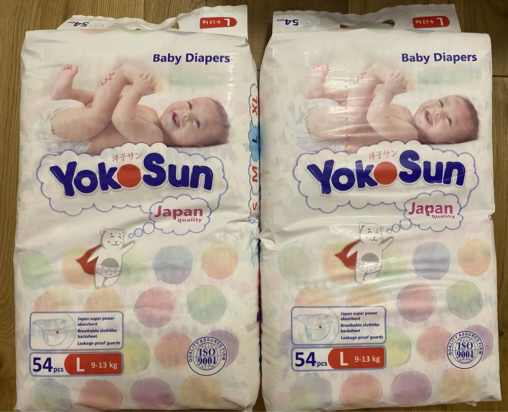 Подгузники YokoSun L (9–13 кг), 54 шт — новые!