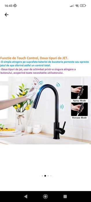 Baterie Bucatarie Cu Dus Extractabil Cu Touch Pentru Pornire/Oprire