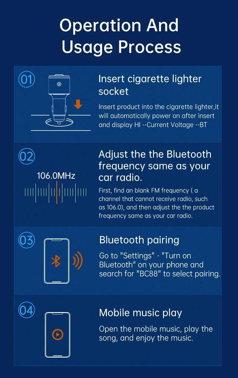 Bluetooth FM трансмитер BC88 Бързо зарядно QC 3.0 ,PD 18W , Aux