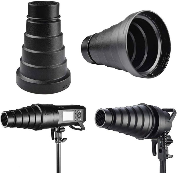 Snoot cu grid Godox + adaptor montura bowens Godox S2