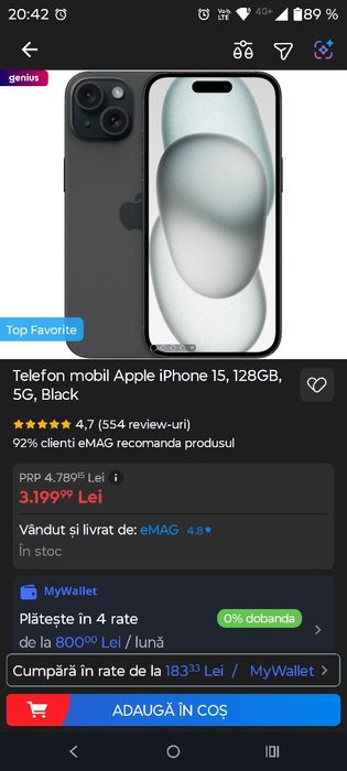 Telefon mobil Apple iPhone 15, 128GB, 5G, Black