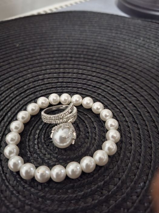 Set inel perla cu otel si bratara elastica m58 m60