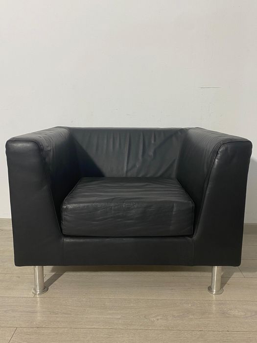 Fotoliu din Piele Naturală de Culoare Neagră; Scaun cu Brațe