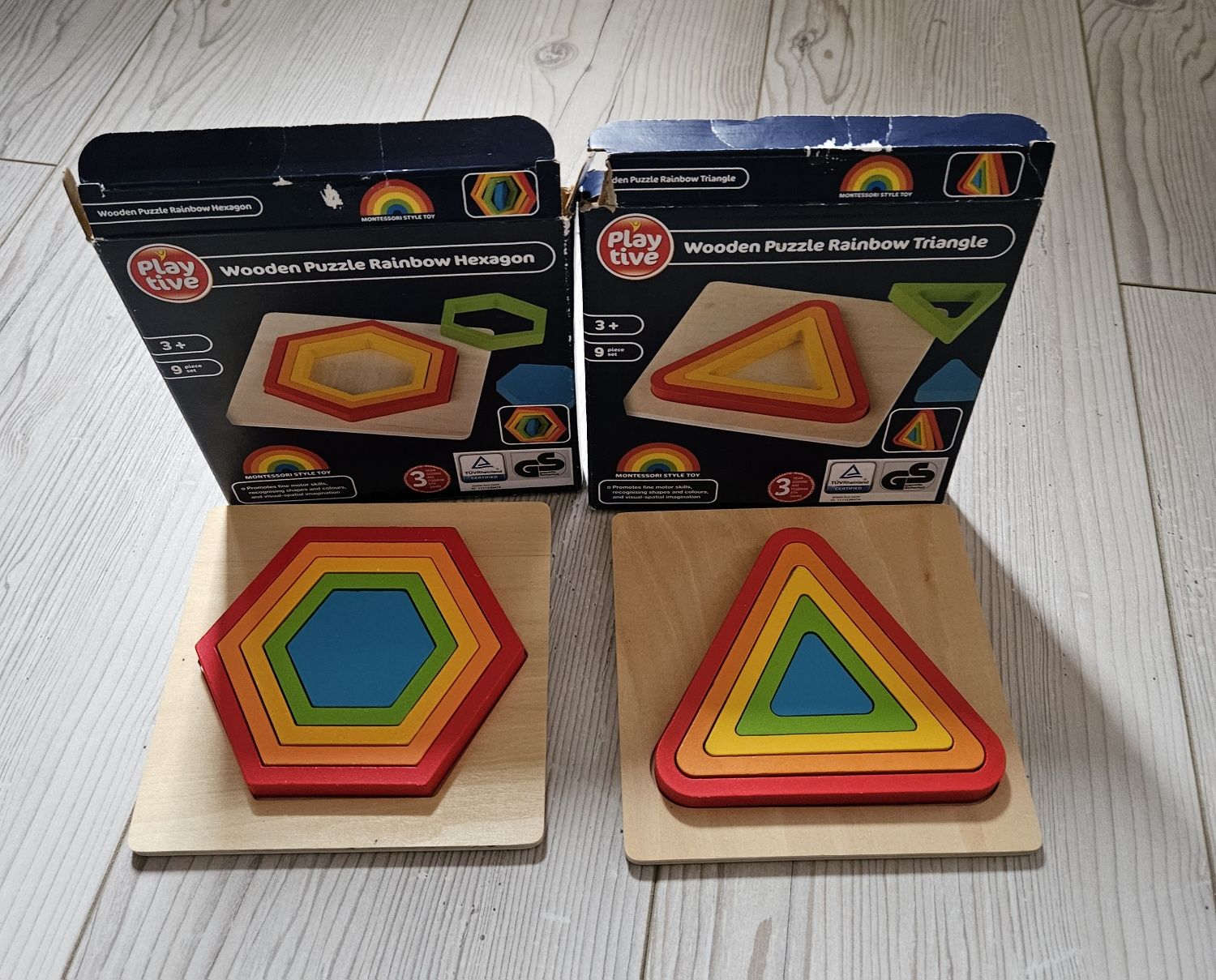 Montessori pentagon si triunghi multicolor din lemn