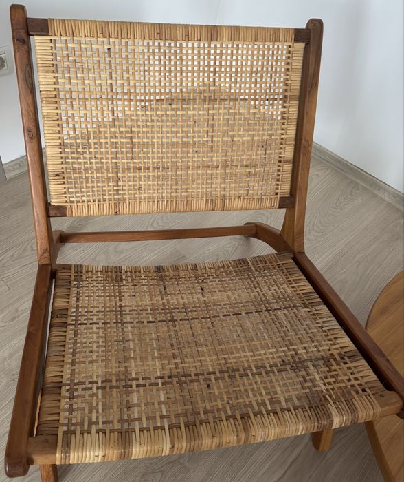 Scaun lounge din lemn masiv și ratan – stil boho / scandinav-2bucati