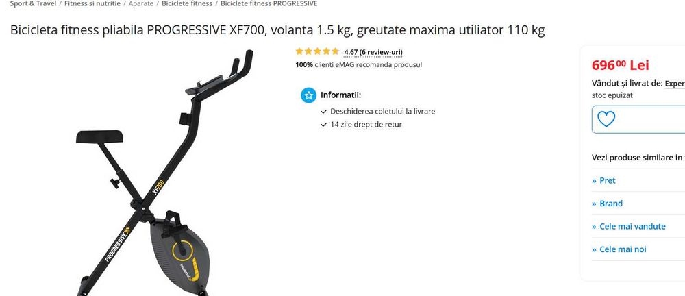 Bicicleta fitness pliabila PROGRESSIVE XF700, volanta 1.5 kg,