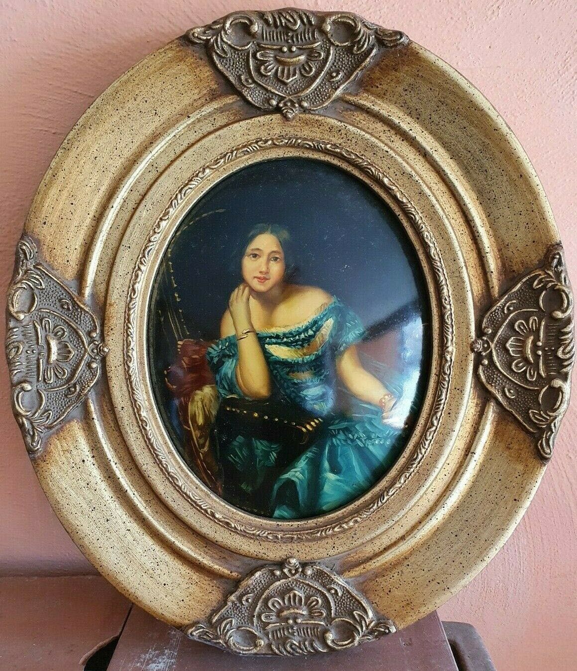 Superbă pictură manuală-Tânără contesă în rochie albastră-Italia