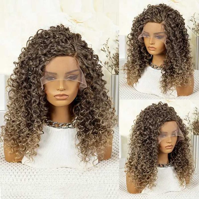 Тъмно руса омбре къдрава перука с руси краища лейс фронт 13*4*1