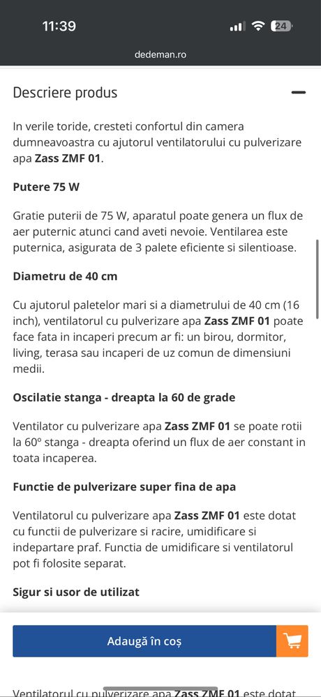 Ventilator zass ZMF 01 , diametrul 40,  putere 75w  , cu apa sau fara.