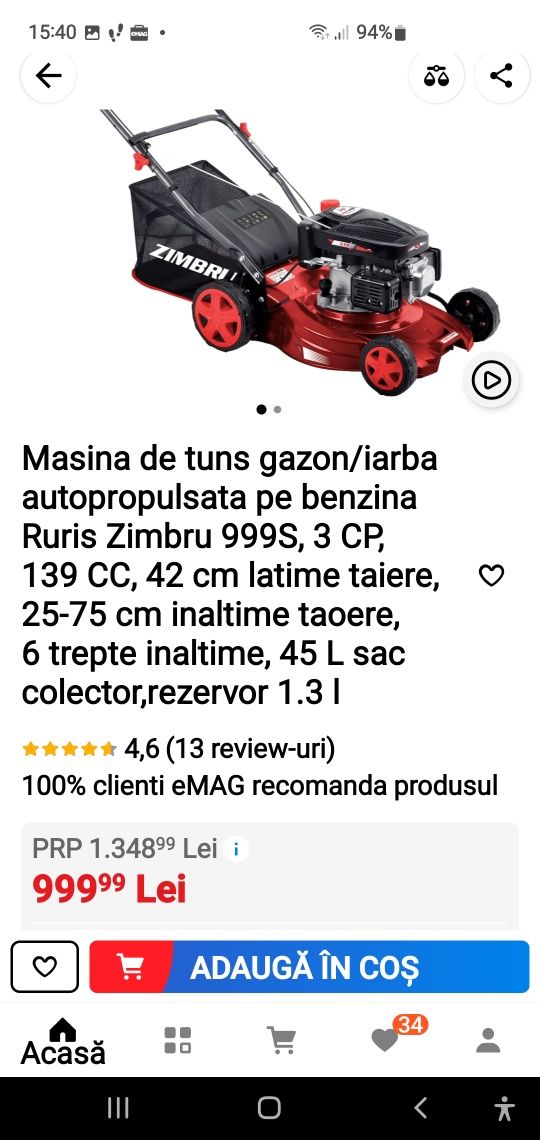 Vând mașină de tuns iarba Ruris Zimbru 889S