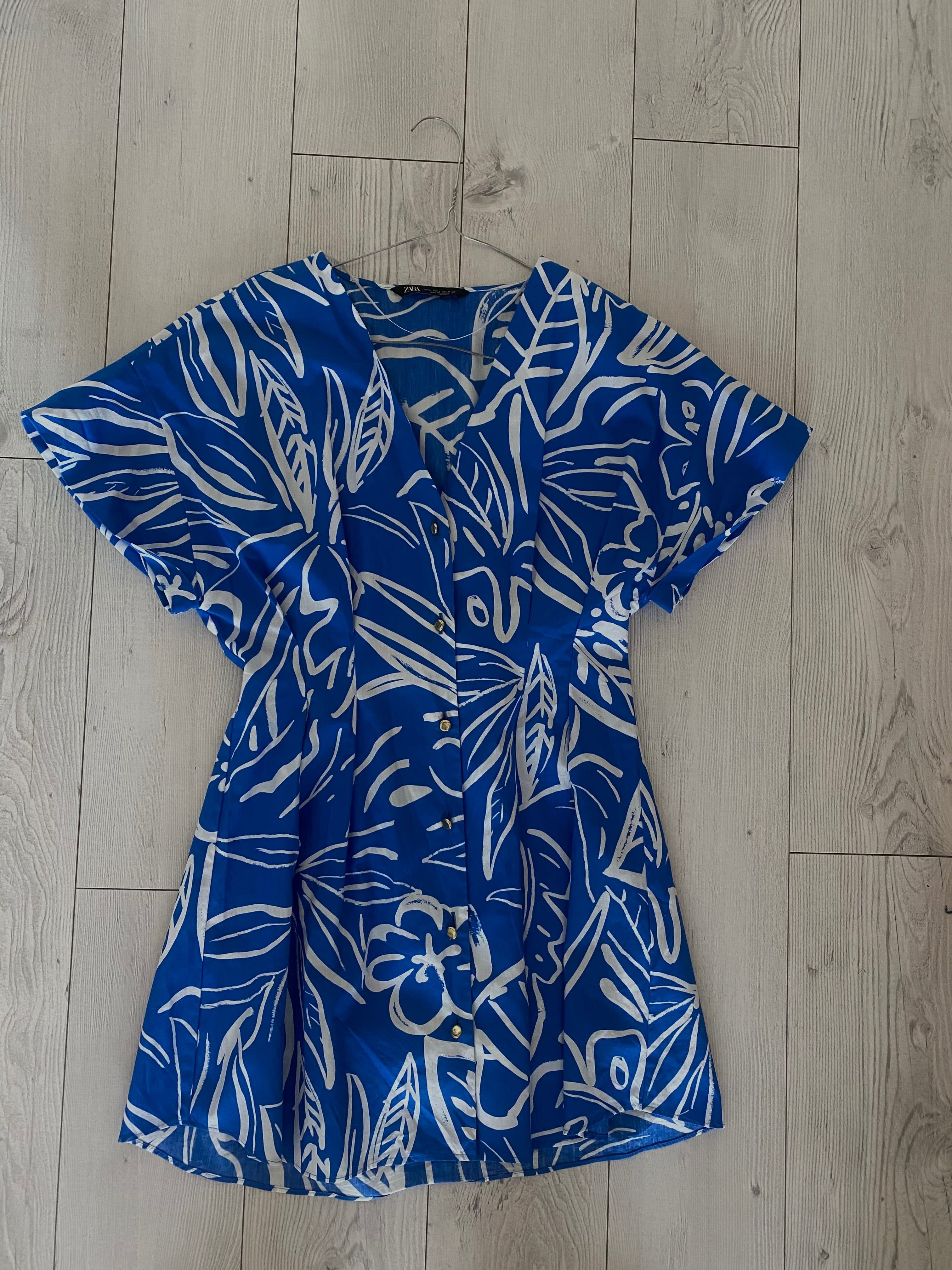 Zara Blue & White Abstract Printed Mini Santorini Dress