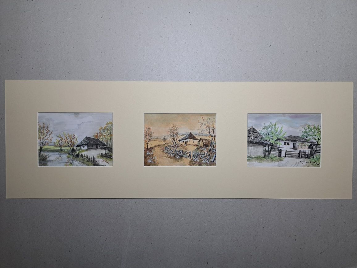 Pictură. Acuarelă "Case țărănești".G.Kușovski.