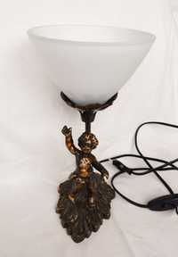 Lampă veioză vintage din alamă și abajur din sticlă, Înger Heruvim.