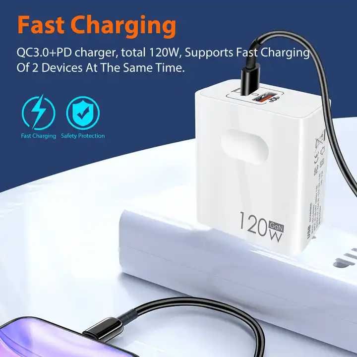 Incarcator retea 120w super fast charger, dual port USB + type C, PD,