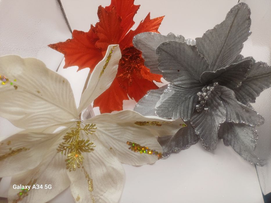 Украшение на елку, искусственные цветы (пуансеттии) на елку