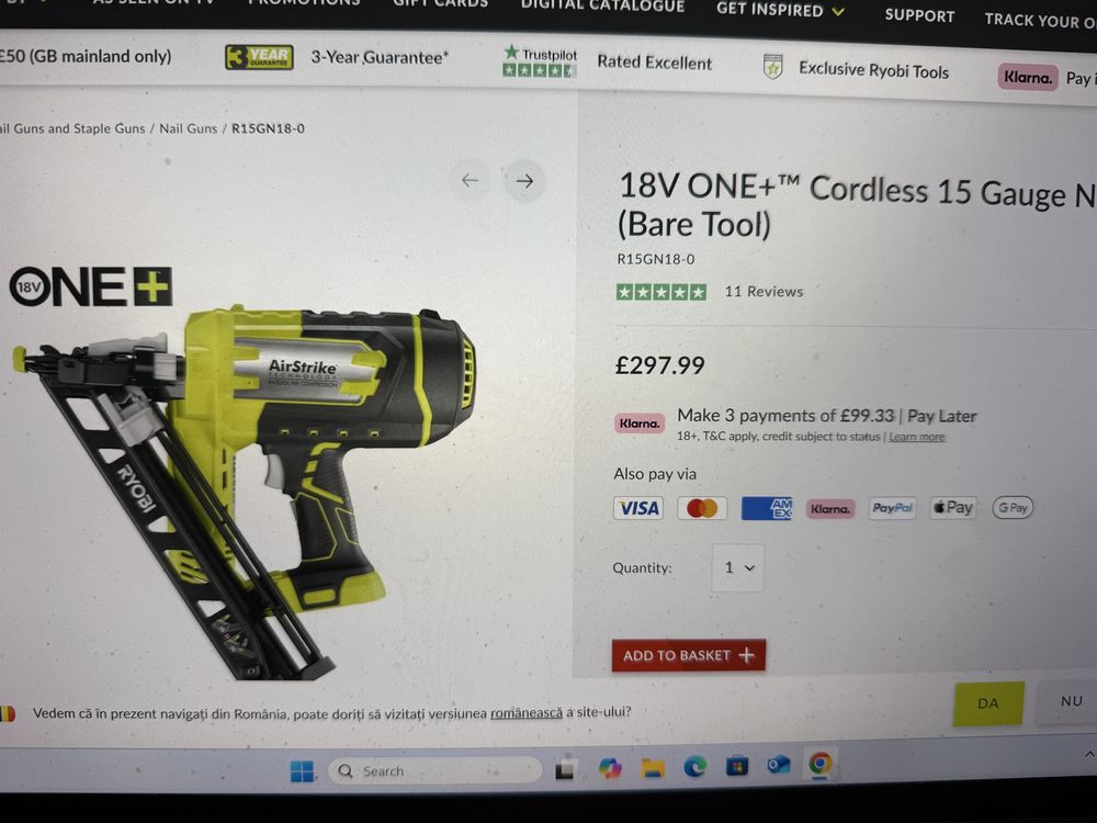 Pistol cuie electric RYOBI Airstrike R15GN18-0, 18 V