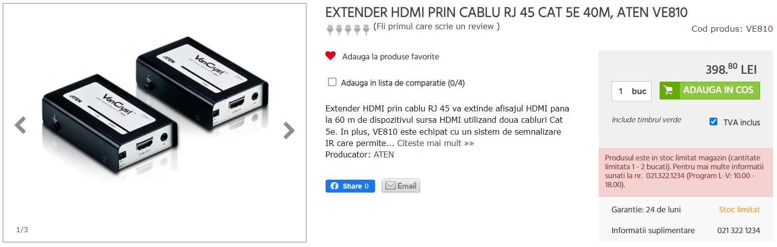 Extender HDMI prin Cablu RJ 45 CAT 5E 40m, ATEN VE810