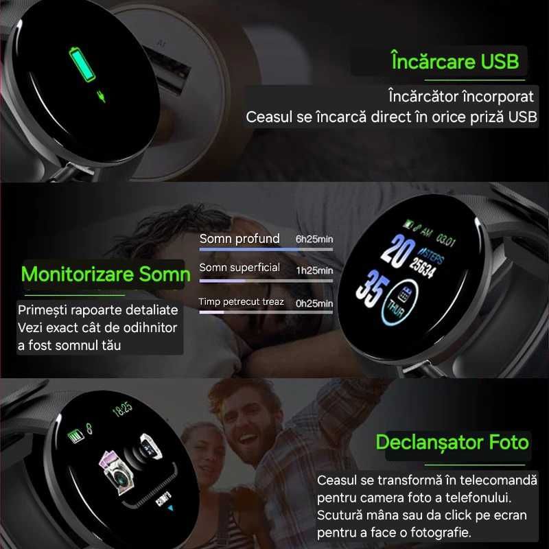Set smartwatch performant cu 2 curele. Negru/Turcoaz. USB. Waterproof.