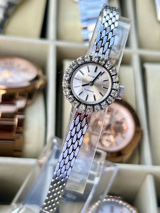 DUGENA Classic damă – mecanic, bezel cu cristale, vintage – funcțional
