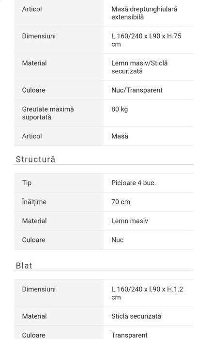 Vand masa extensibila Ella, lemn masiv/sticla securizata