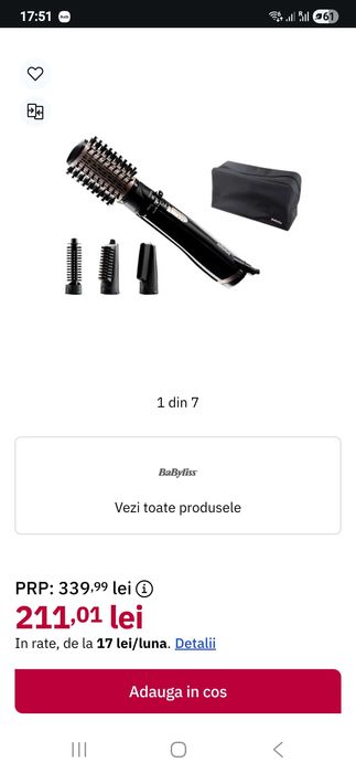 Perie rotativa BABYLISS Beliss AS200E, 1000W,2 viteze, Invelis Ceramic