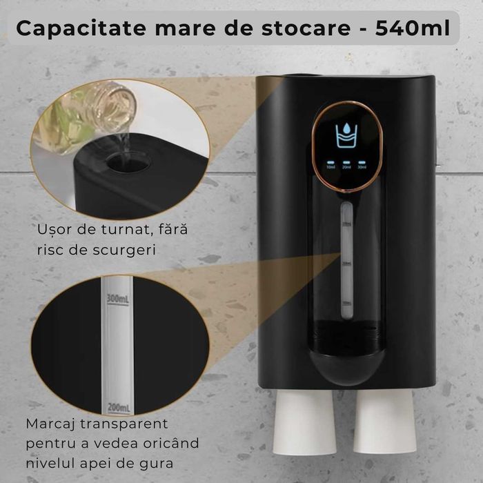 Dozator apa de gura, negru, incarcare USB-C, rezistent la apa + pahare
