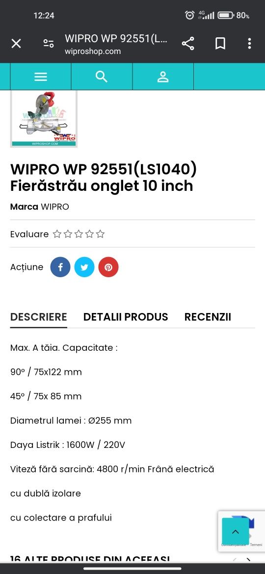 Masina fierastrau onglet circular Wipro 10''inch Miter Saw 92551,1600w