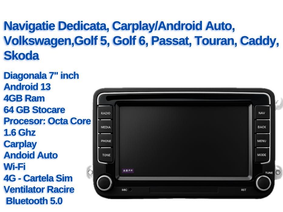 Navigatie Dedicata 7", VW,Golf 5, 6, Passat, Touran, Caddy, 4GB Ram