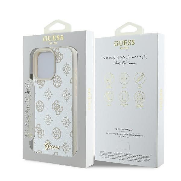 Guess peony script magsafe кейс за iphone 16 pro – бял