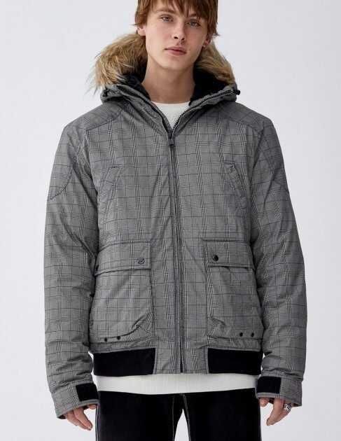 Мъжко зимно яке с качулка с косъм Pull&Bear, Сиво, XL
