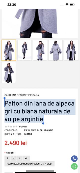 Vand palton lana de alpaca cu blana naturala de vulpe argintie