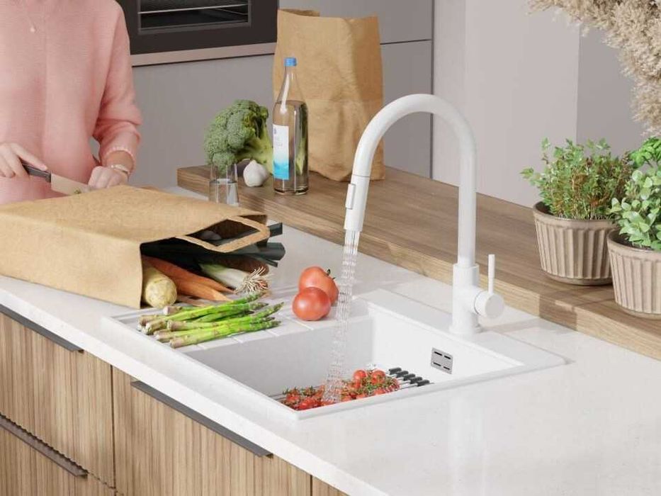 Бяла гранитна кухненска мивка Сидни 620-45 Ergo Multilevel 620х500