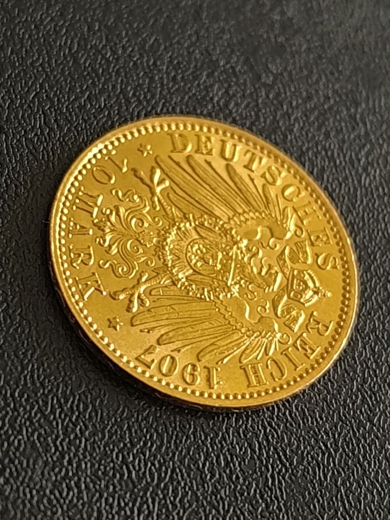 10 марки 1907 год, Вилхелм II, злато 4.00 гр,900/1000 (21.6 к)