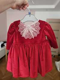 Rochie de botez rosie de catifea pentru bebe fetita 3 luni