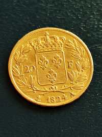 20 франка 1824 год.,Луи XVIII, злато 6.45 гр.,900/1000 (21.6 карата)