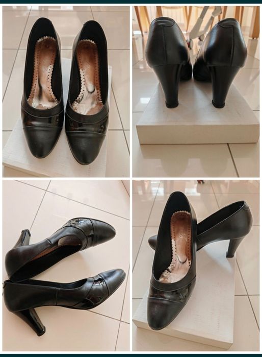 Подарявам черни кожени елегантни обувки с ток