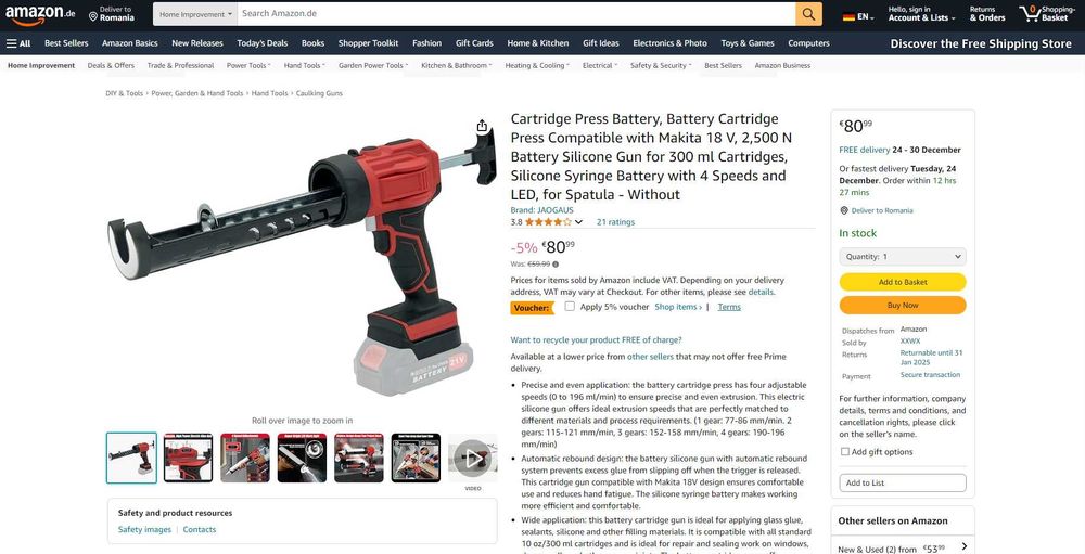 Pistol electric tub/cartus silicon,pt bater MAKITA, REDUS de la 400RON