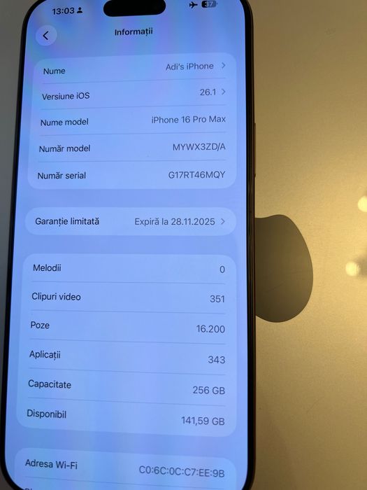 Vând iPhone 16 Pro Max Deșert Gold Titanium