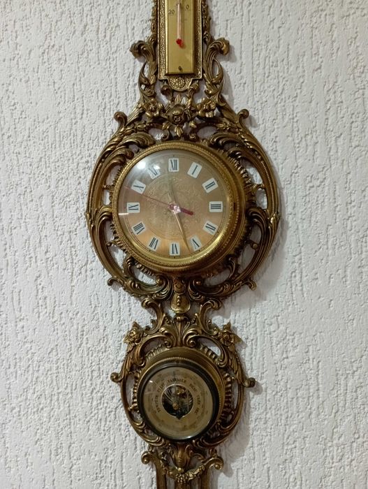 Бронзова метеостанция с часовник, термометър, барометър и хигрометър