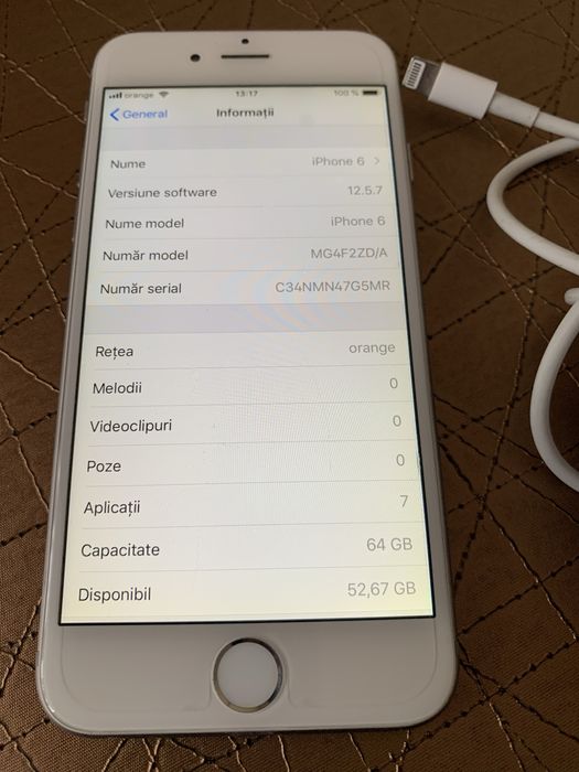 Telefon iphone 6 64gb baterie buna cu incarcator si cablu usb.